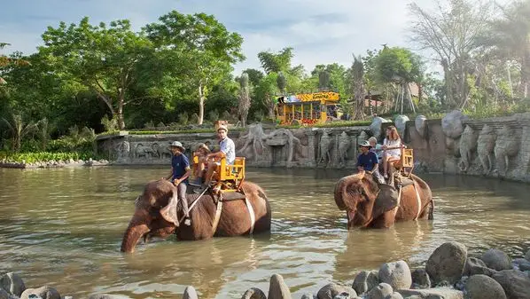 Tourists enjoying elephant rides at Bali Zoo, a family-friendly attraction featured in Bali tour packages.