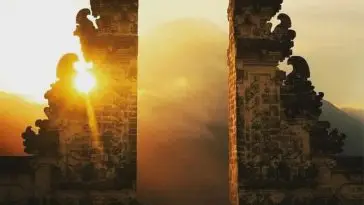 Sunrise at Lempuyang Temple Gate of Heaven with Mount Agung in the background