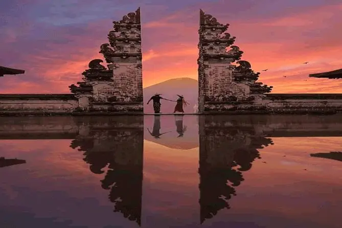 Sunrise at Lempuyang Temple Gate of Heaven with Mount Agung in the background