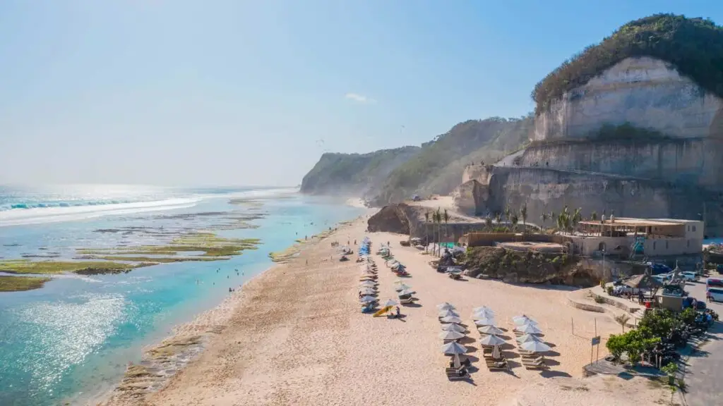 Bali Day Tour to Melasti Beach with pristine white sand.