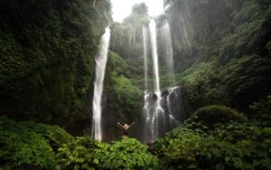 Traveler enjoying a Bali Eco Tour adventure at Sekumpul Waterfall in North Bali with Bali Agung Tour’s private guide.